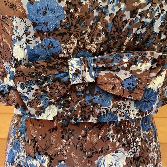 Vintage 60s brown and blue bow front wiggle dress - Picture 4 of 12